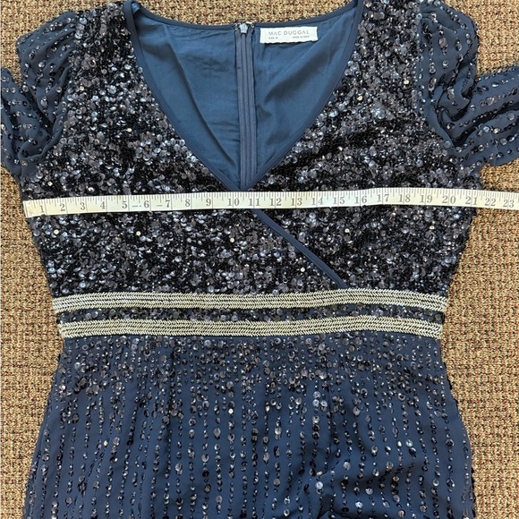 Mac Duggal Size 12 Navy 93593 Sequined V Neck Bishop Sleeve Midi Cocktail Dress - Picture 11 of 13